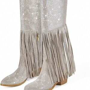 Rhinestone Fringe Knee High Boots Silver Western Festival Cowgirl Boho S6 NWT